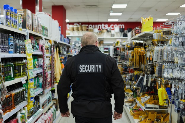 A security guard wearing a black jacket with "SECURITY" on the back walks down an aisle in a hardware store, ensuring client-centric security among rows of tools and supplies.