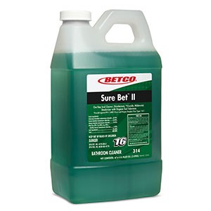 A plastic jug of Betco Sure Bet II bathroom cleaner with green liquid inside, featuring a green and white label with product details and instructions.