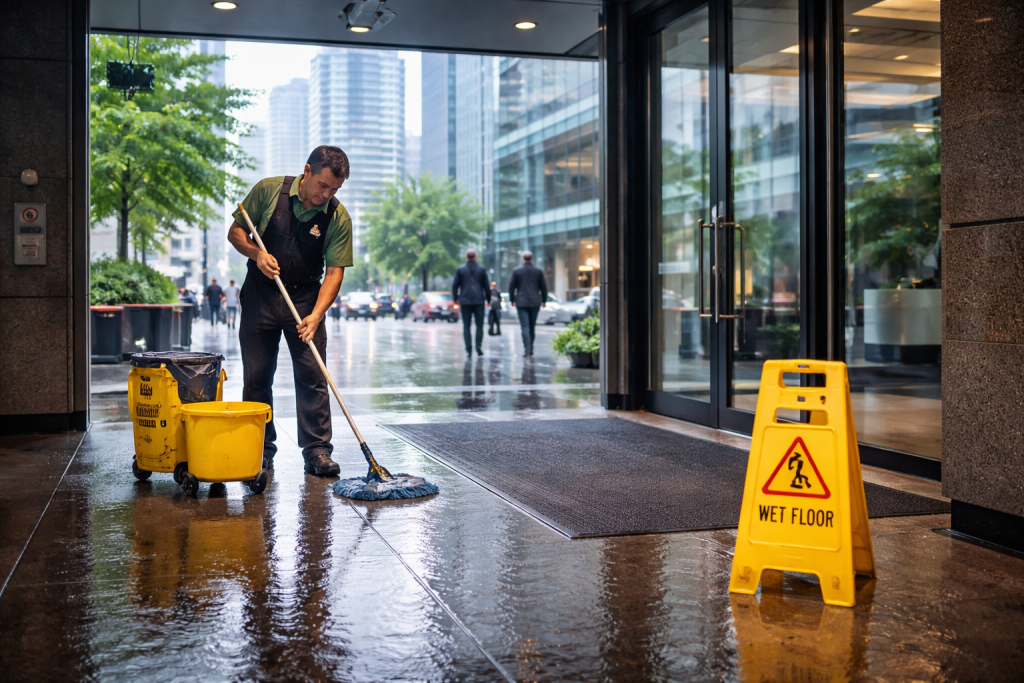 A janitor mops the wet floor inside a building entrance on a rainy day. A yellow “Wet Floor” caution sign is placed nearby, and city buildings and people with umbrellas are visible outside.