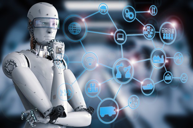 A humanoid robot stands thoughtfully with its hand on its chin, while various blue digital icons representing technology and network connections are displayed in front of it.