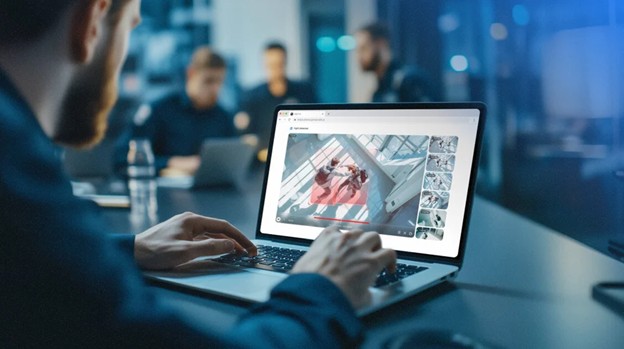 A person sits at a desk using a laptop that displays surveillance footage. The screen shows multiple camera angles and a paused video of someone walking indoors. Three people are blurred in the background.