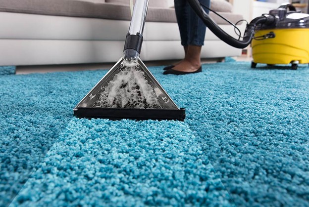 A close-up of a carpet-cleaning machine being used on a bright blue carpet, with a person in the background holding the vacuum and a yellow canister visible nearby.