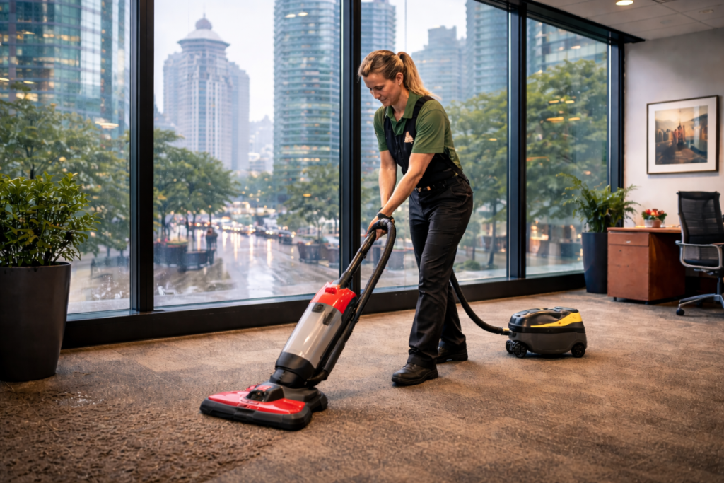 A woman in work attire vacuums the carpet in a modern office with large windows overlooking a cityscape on a rainy day. Office furniture and green plants are visible in the background.