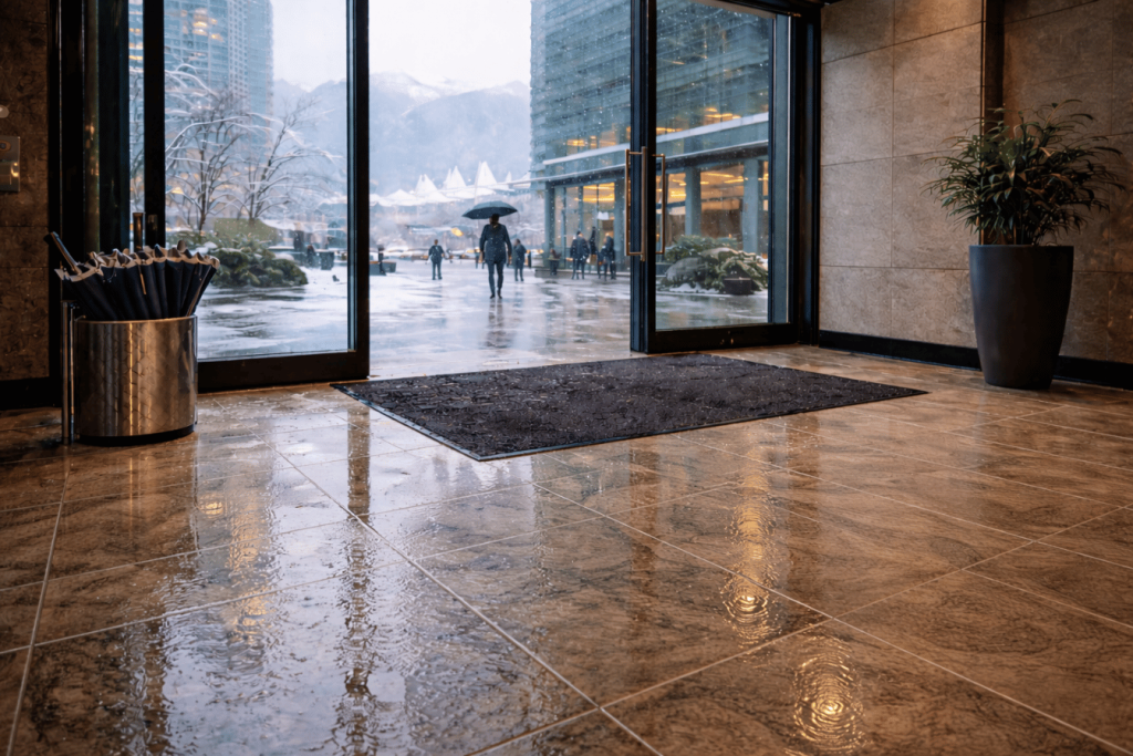 A building lobby with wet, reflective tiles, a black doormat, a potted plant, and a stand of umbrellas by glass doors. Outside, people walk in the rain with umbrellas and tall buildings are visible.
