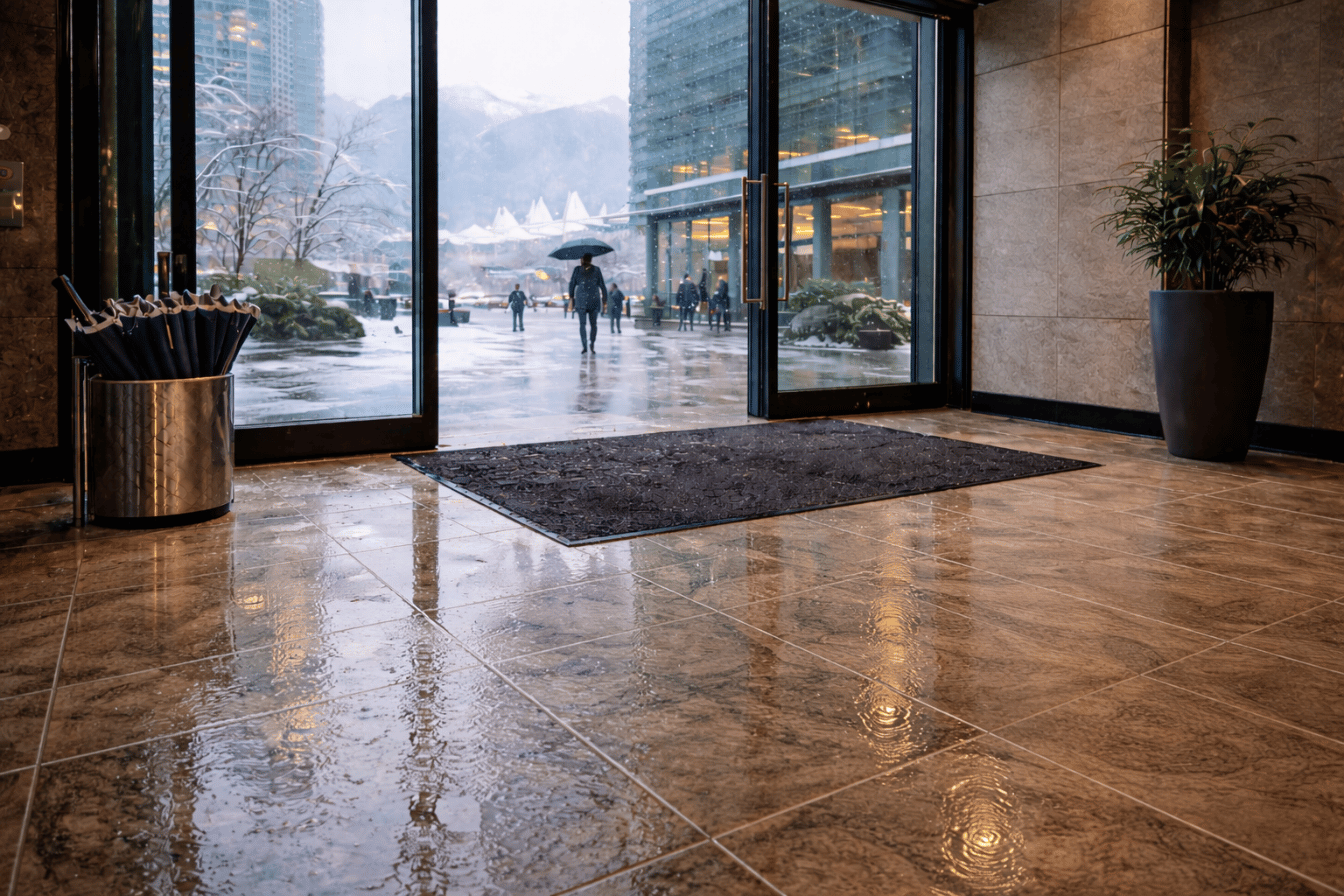 A building lobby with wet, reflective tiles, a black doormat, a potted plant, and a stand of umbrellas by glass doors. Outside, people walk in the rain with umbrellas and tall buildings are visible.