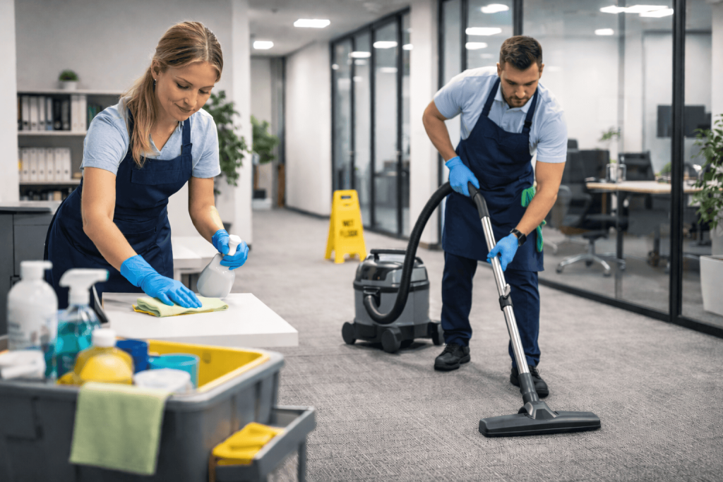 Two janitors in uniform and gloves clean an office; one woman wipes a desk, while a man vacuums the carpet. Cleaning supplies and a caution sign are visible in the modern workspace.
