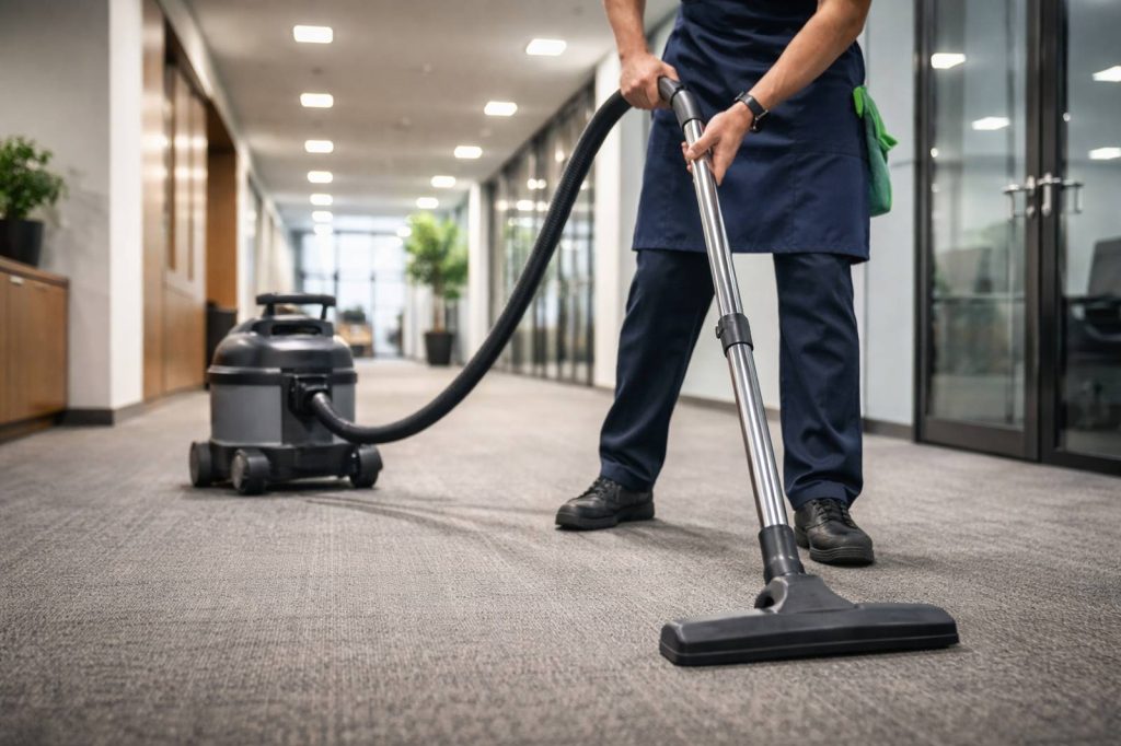 A person in uniform vacuums the carpeted floor of a modern office hallway. Glass-walled offices and potted plants line the hallway, and the person uses a large vacuum cleaner.