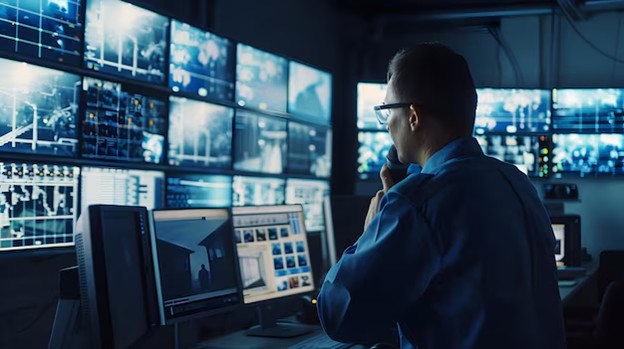 A security officer monitors multiple surveillance screens in a dimly lit control room, observing live video feeds and speaking into a handheld radio.