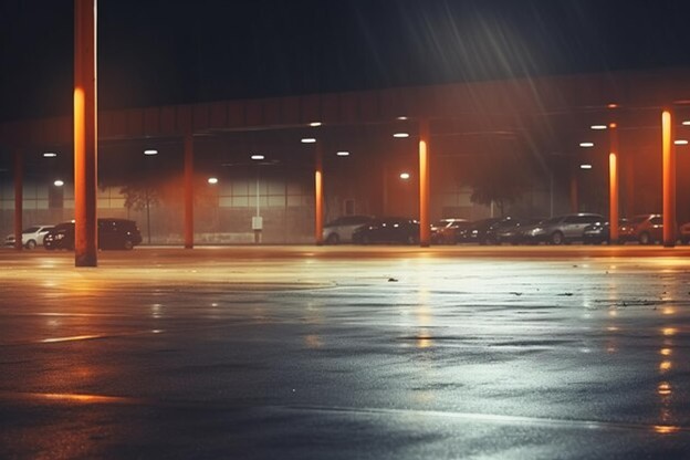 A dimly lit parking lot at night, with orange lights reflecting off the wet pavement and several cars parked under a covered area in the background.